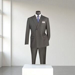 VINCI MENS 2 PIECE DOUBLE BREASTED PINSTRIPE SUIT W/ ADJUSTABLE WAISTBAND F-DSS